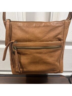 Lucky Brand Tan Leather Crossbody Bag with Front Zip Pocket